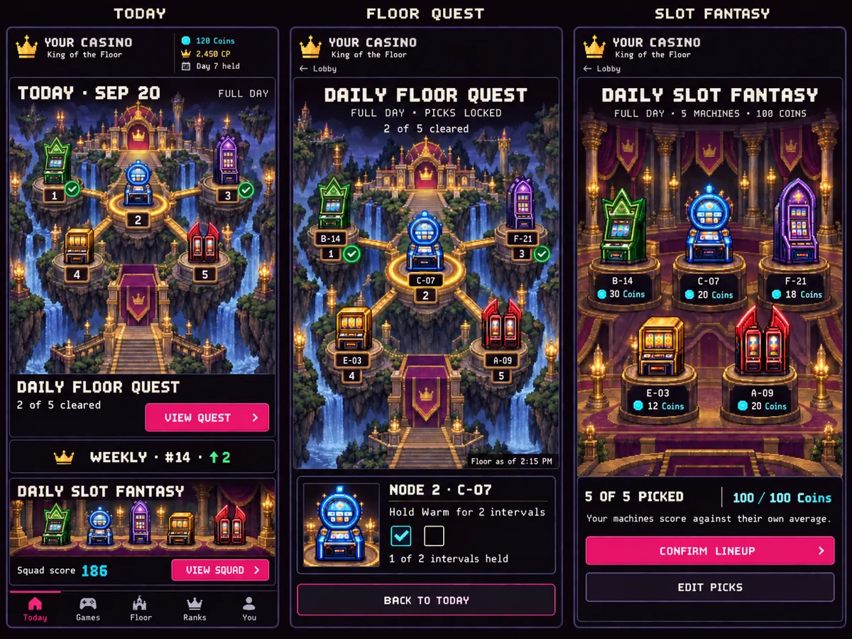 Awesome Casino theme: Today, Floor Quest and Slot Fantasy screens in dark neon