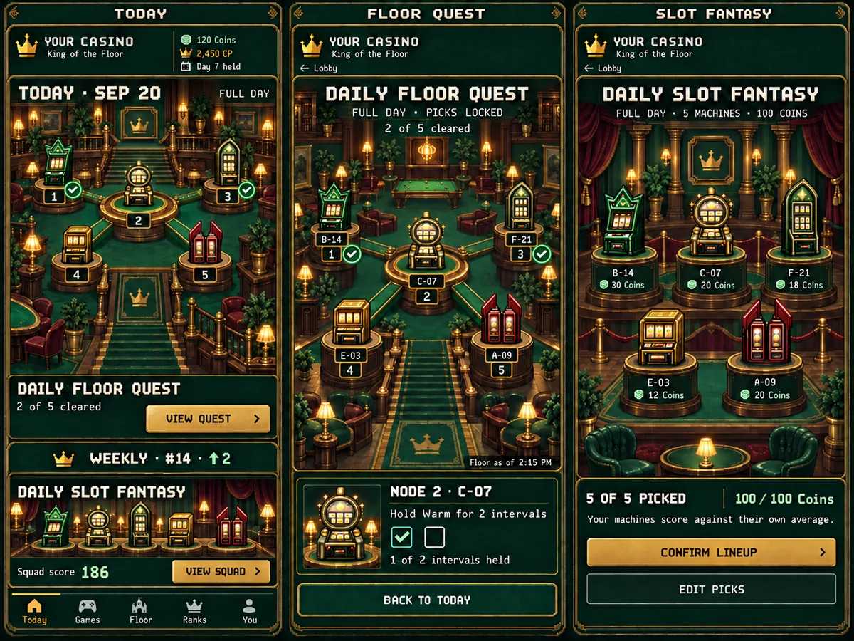 Midnight Felt theme: Today, Floor Quest and Slot Fantasy screens in green felt and brass