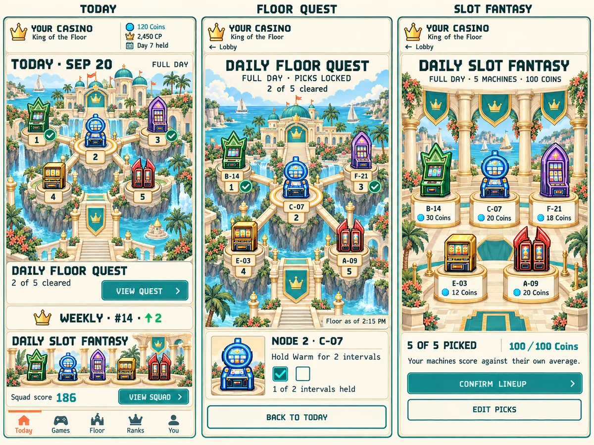 Seaside Parchment theme: Today, Floor Quest and Slot Fantasy screens in daylight cream and teal